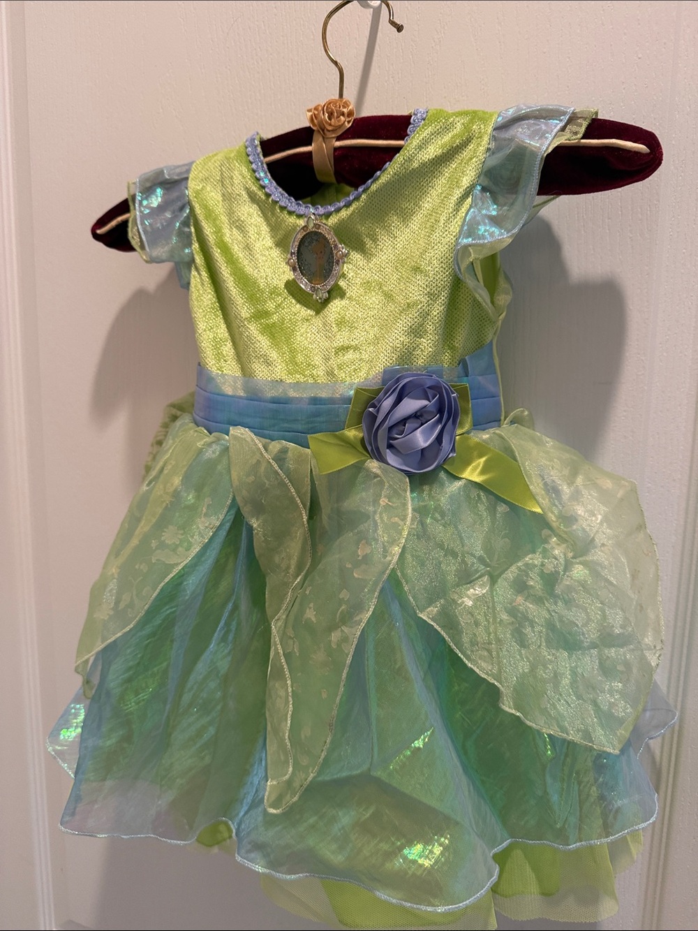 Disney tinker Bell Green Fairy Princess Costume Dress with Blue Flower built in